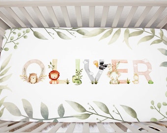 Name Crib Sheet, Personalized Baby Custom Crib Sheets, Watercolor Animals, Fitted Mini Crib Sheet, Girl Boy, Nursery Decor, Baby Shower Gift