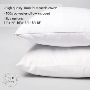 May include: Two white pillow covers, one on top of the other. The top cover is made of faux suede and the bottom cover is made of 100% polyester. The pillow covers are available in three sizes: 14" x 14", 16" x 16", and 18" x 18".