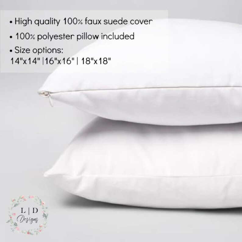 May include: Two white pillow covers, one on top of the other. The top cover is made of faux suede and the bottom cover is made of 100% polyester. The pillow covers are available in three sizes: 14" x 14", 16" x 16", and 18" x 18".