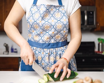 Cute Apron, Apron Dress, Plus Size Apron, Pattern, for Women, Mom Gift, Grandma Gift, Mother Gift From Daughter, Unisex Apron, Florence Blue