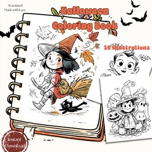 Könnte beinhalten: Ein spiralgebundenes Halloween-Malbuch mit einer Titelillustration einer jungen Hexe, die auf einem Besen mit einer schwarzen Katze fliegt. Das Buch enthält 20 Illustrationen von Charakteren wie Vampiren, Geistern und Kürbissen im Schwarz-Weiß-Stil.