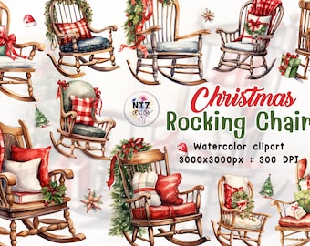 Antique Rocking Chair, Christmas Watercolor Clipart, Holiday Season, Christmas decoration Illustration, Instant Download, PNG Graphics