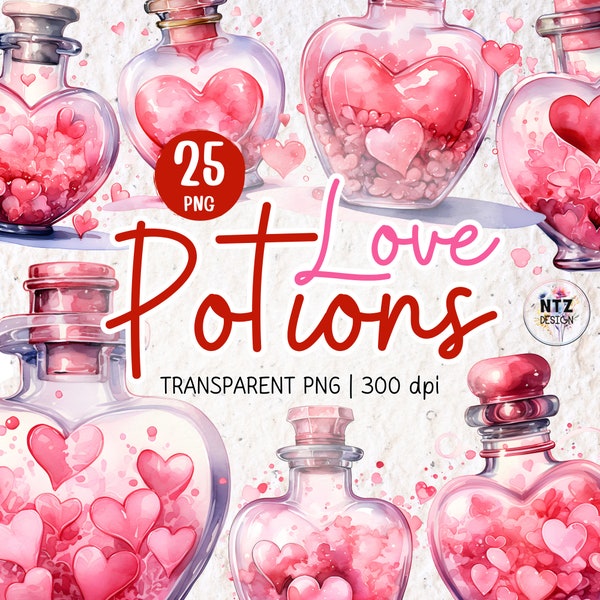 Clipart de botella de poción de amor, corazón romántico de acuarela PNG, botella de brujería PNG, corazones rosados, San Valentín DIY, adorno de amor, png femenino