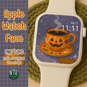 Quadrante zucca per Apple Watch, sfondo di Halloween per Apple Watch, schermata autunnale, sfondo per smartwatch, disegno di Jack O' Lantern, tazza da tè, strega, PNG, JPG