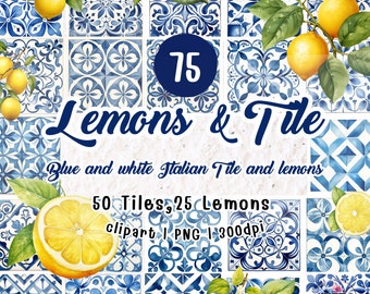 Blue and white Italian Watercolor Tile and Lemons, Mediterranean clipart, Scrapbook Paper, Seamless Pattern, Instant Download, Commercial Us