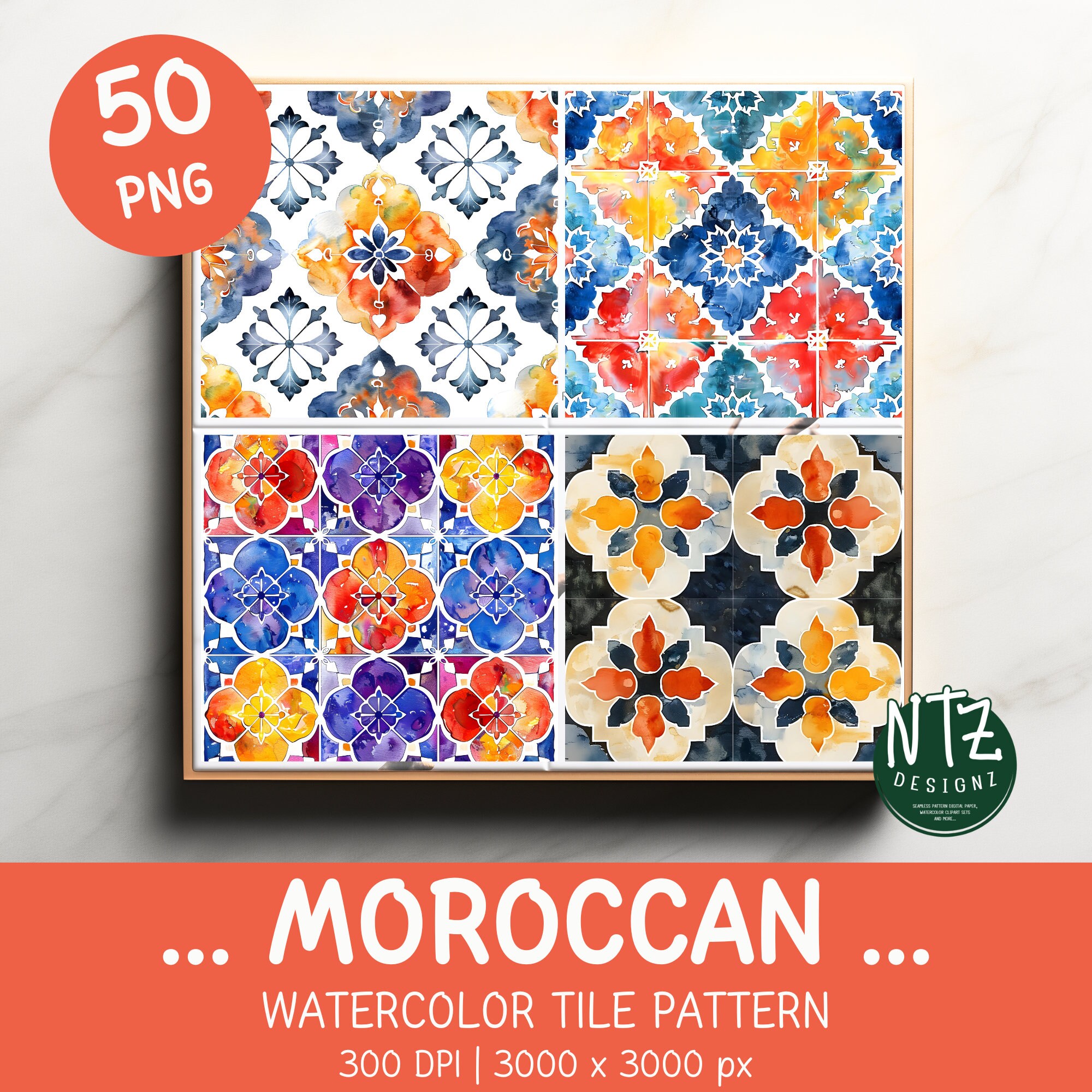 50 Moroccan Mosaic Digital Paper Pack, Arabesque Tile Backgrounds ...