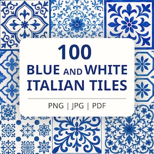 Könnte beinhalten: Eine Sammlung von 100 blau-weißen italienischen Fliesen mit verschiedenen floralen und geometrischen Mustern. Das Bild enthält ein weißes Rechteck mit dem Text "100 BLUE AND WHITE ITALIAN TILES" und Dateitypoptionen: PNG, JPG und PDF.