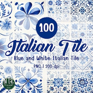 100 Blue and white Italian Watercolor Tile, Mediterranean clipart, Scrapbook Paper, Summer Clipart, Amalfi Coast, Portuguese Azulejo Ceramic