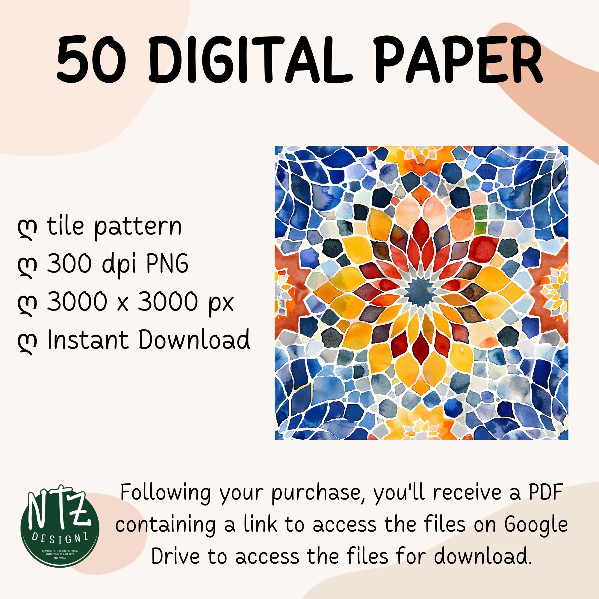 50 Moroccan Mosaic Digital Paper Pack, Arabesque Tile Backgrounds ...