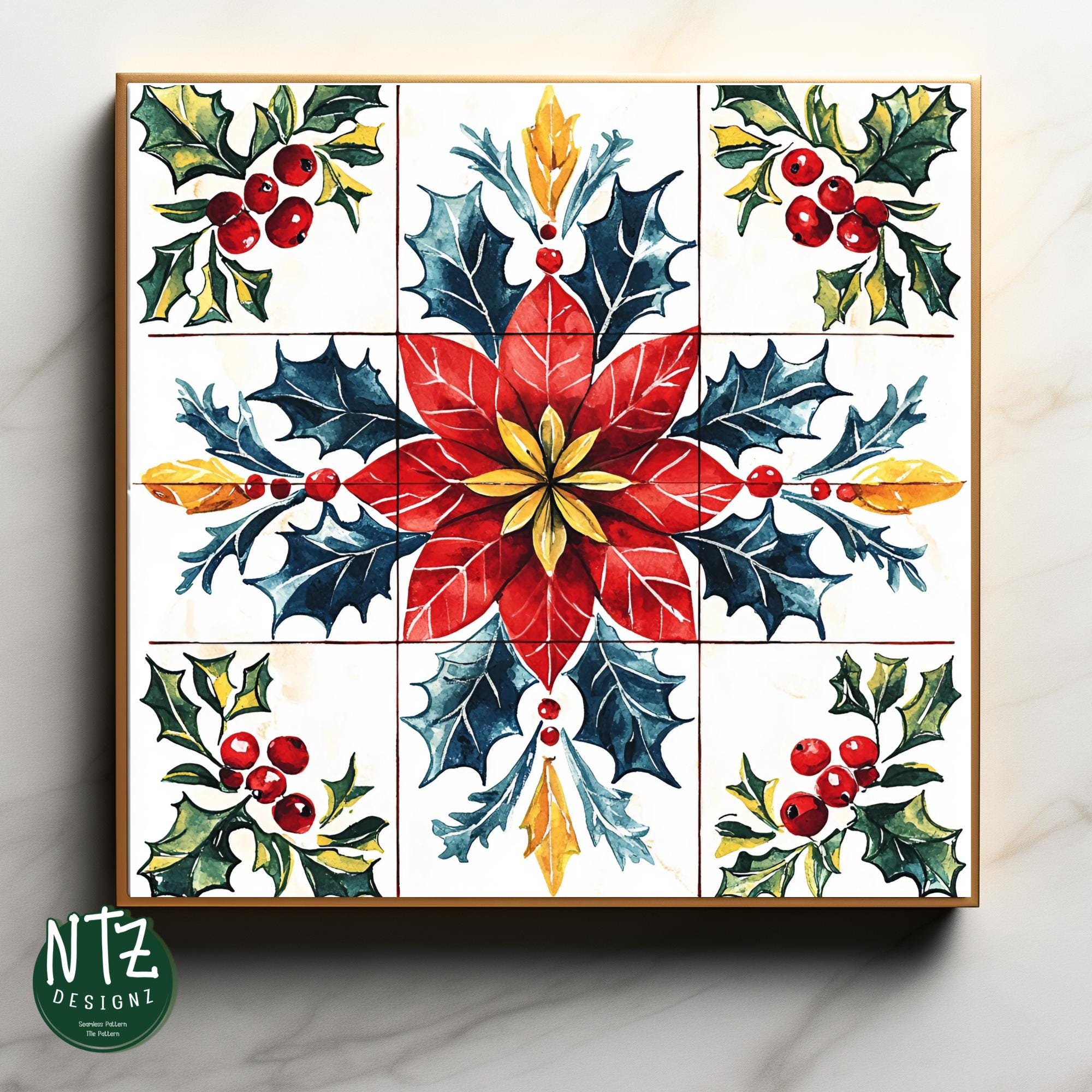 Holiday Tile Pattern Italian Tile Christmas Clipart: Blue Holiday Ornaments (PNG Digital ...