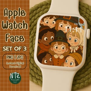 Set di 3 sfondi per Apple Watch con amici del Ringraziamento, acquerello minimalista, illustrazione cartoon accogliente, schermo per smartwatch, quadrante autunnale