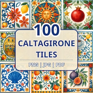 Può includere: Una collezione di 100 piastrelle di Caltagirone con vari disegni, tra cui limoni, arance, fiori e un volto di sole. Le piastrelle sono quadrate e in stile acquerello. Il testo "100 CALTAGIRONE TILES" è visualizzato in modo prominente.