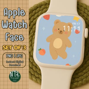 May include: An Apple Watch with a light blue face featuring a cartoon bear, fruit, and the time 11:11. The watch has a cream-colored band. Text on the left reads "Apple Watch Face SET OF 3 PNG I JPG Instant Digital Download".