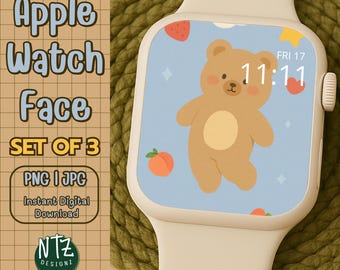 Set of 3 Cute Bear Apple Watch Wallpaper, Pastel Animal Faces, Kawaii Gingham Style, Digital Watch Face, Custom Smart Watch wallpaper