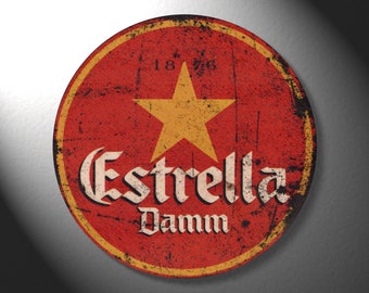 Estrella Damm Vintage Distressed Look Round Natural Wooden Wall Plaque - Bar Sign / Home Decor  (19cm / 190mm Diameter - 7.5 inches)
