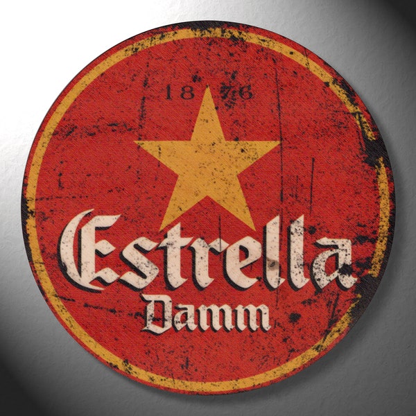 Estrella Damm Vintage Distressed Look Rotondo Placca da parete in legno naturale - Bar Sign / Home Decor (19cm / 190mm Diametro - 7,5 pollici)