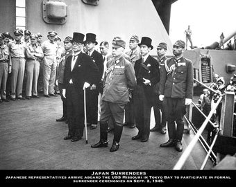Japan Surrenders - Japanese representatives aboard the USS Missouri in Tokyo Bay. B/W Photo Print (A4 Size - 210 x 297mm - 8.5" x 11.75")