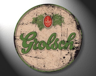 Grolsch Vintage Distressed Look Round Natural Wooden Wall Plaque - Bar Sign / Home Decor  (19cm / 190mm Diameter - 7.5 inches)