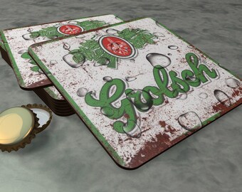 Grolsch Square Wooden Distressed Vintage Effect Coasters / Drinks Mats / Beer Mats