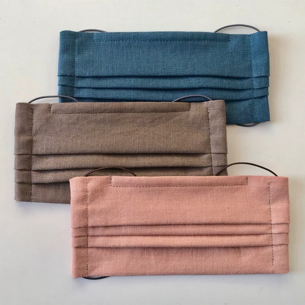 Cotton Linen fabric face covering mask, Teal, Terracotta, Walnut, quick drying, washable, reusable, adjustable, nose wire, Handmade in UK