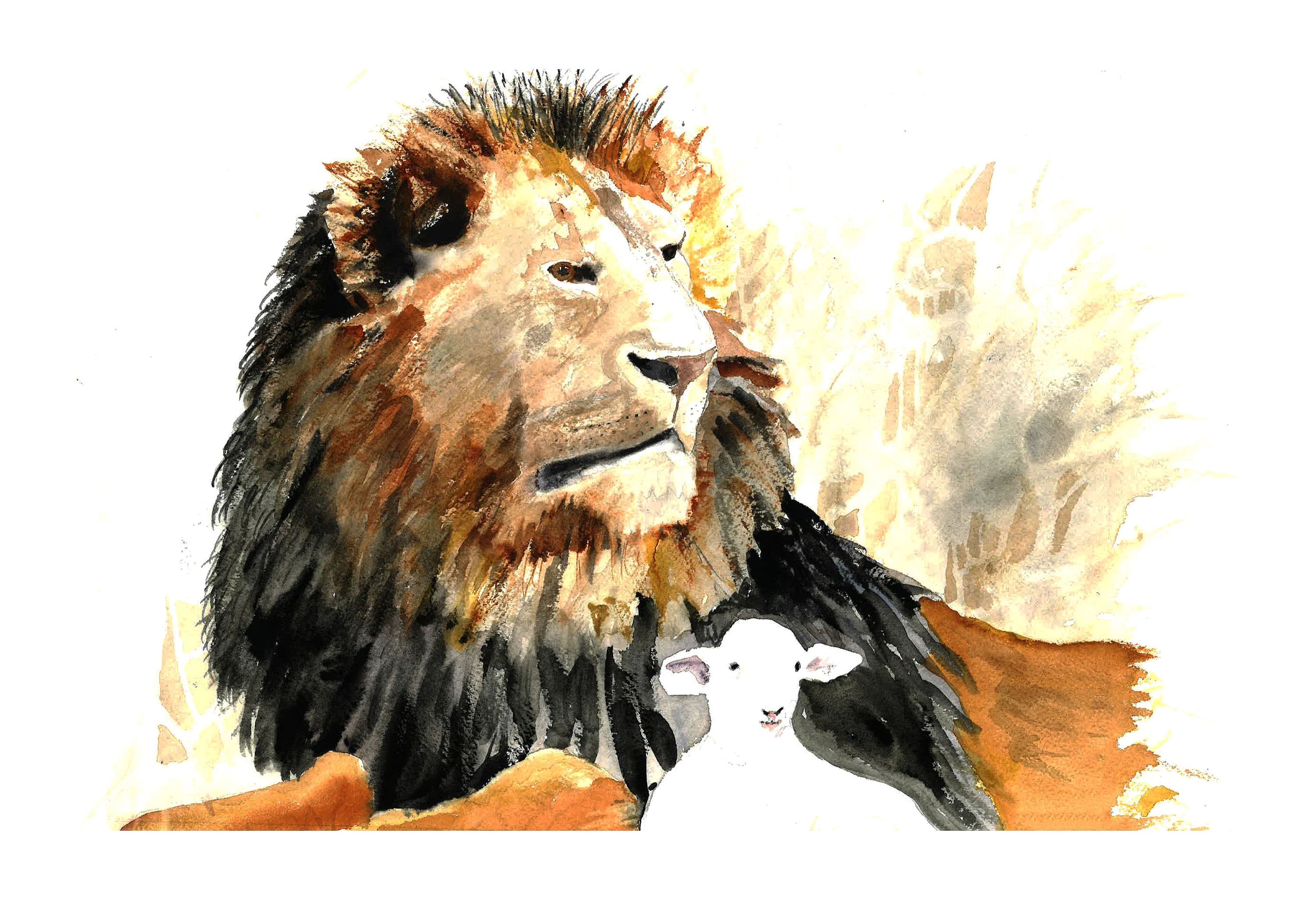 El león y el cordero: acuarela cristiana Lámina artística - Etsy España