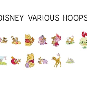 Op de afbeelding: De afbeelding toont verschillende borduurontwerpen van Disney-personages, waaronder Winnie de Poeh, Knorretje, Tijgertje en Bambi. De tekst "DISNEY VARIOUS HOOPS" staat bovenaan. De ontwerpen zijn kleurrijk en geschikt voor knutselprojecten.