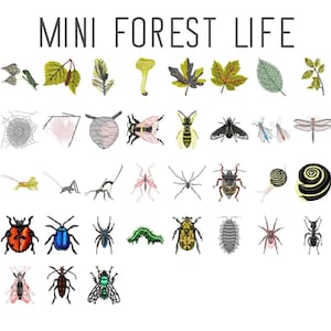 35 MINI Forest life machine 刺繍デザイン、動物刺繍パターン、昆虫刺繍、毒キノコ、樫の木の葉、バッタ