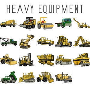 19 Heavy equipment machine embroidery designs, construction vehicles, dumptruck pattern, crane embroidery, forklift design, instant download