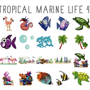 May include: A set of 12 colourful embroidered designs featuring tropical marine life, including a pink flamingo, a seahorse, a blue fish, a purple fish, a dolphin, a palm tree, a turtle, and a coral reef.