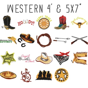 Op de afbeelding: Een set van 16 borduurmotieven met een western thema, waaronder een cowboylaars, een lasso, een sheriffster, een cowboyhoed en een paar sporen. De ontwerpen zijn verkrijgbaar in de maten 4 inch en 5x7 inch.