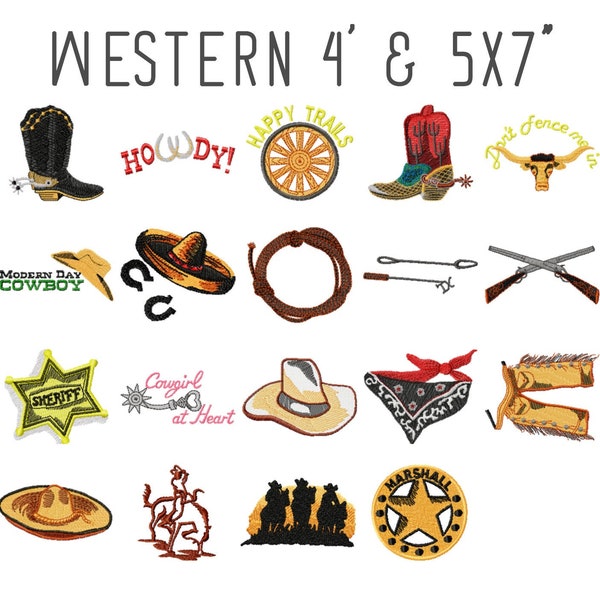 19 Western cowboy machine embroidery designs, cowboy boots pattern, embroidery pattern, wild west embroidery, rifle firearm pattern, hat