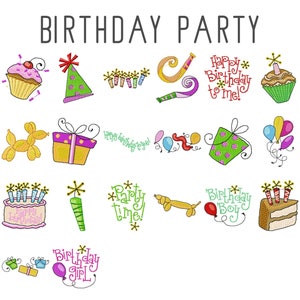 20 Birthday party machine embroidery designs, birthday cake embroidery pattern, holiday embroidery pattern party hat present balloon cupcake