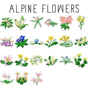Op de afbeelding: Een geborduurd ontwerp met verschillende alpenbloemen in verschillende kleuren, waaronder roze, geel, wit en blauw. De tekst "ALPINE FLOWERS" wordt bovenaan de afbeelding weergegeven.