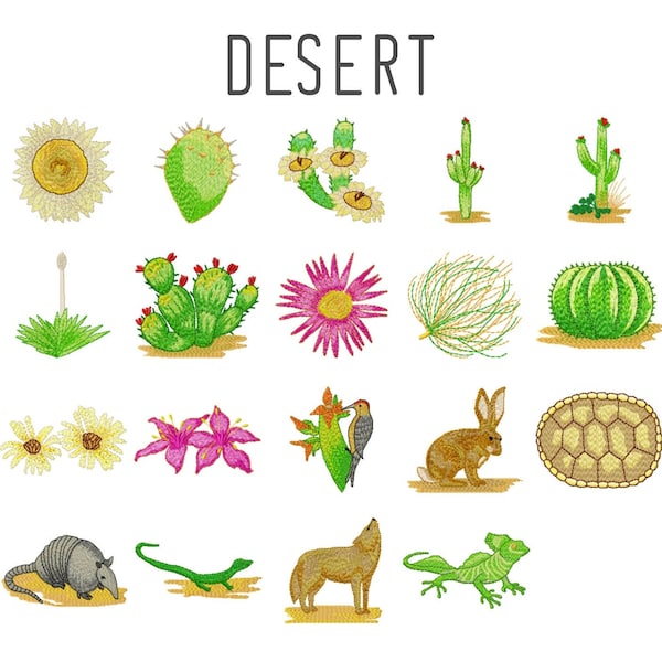19 Desert plants and animals machine embroidery designs, cactus embroidery, succulent pattern, animal embroidery, armadillo lizard gecko