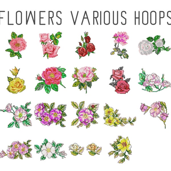 19 Flower machine embroidery designs, cross stitch embroidery, embroidery pattern, large flower design, rose flower embroidery, wedding