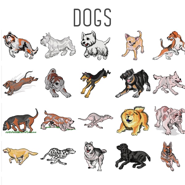 20 Dogs machine embroidery designs, animal embroidery pattern, dog pattern, golden retriever embroidery, bulldog husky chihuahua dachshund