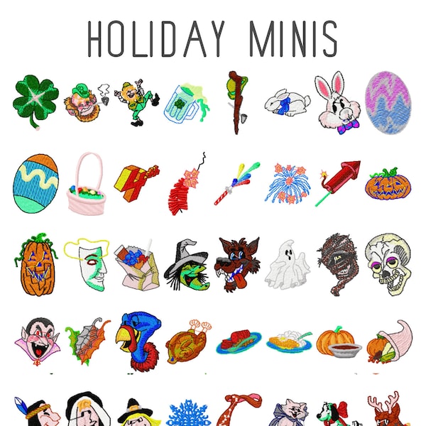 50 MINI Holiday machine embroidery designs, halloween embroidery pattern, christmas santa claus, thanksgiving turkey st patricks day, easter