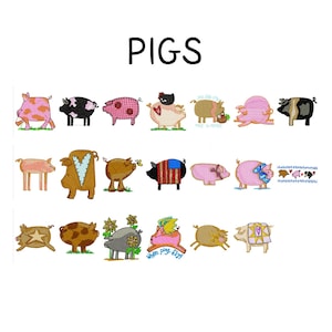 Op de afbeelding: Een verzameling geborduurde varkensontwerpen in verschillende kleuren en patronen. Het woord "PIGS" wordt in grote, zwarte hoofdletters boven de afbeeldingen weergegeven. De varkens hebben verschillende ontwerpen, waaronder sterren, harten en Amerikaanse vlagpatronen.
