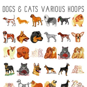 Op de afbeelding: Een verzameling borduurpatronen met verschillende honden en katten in verschillende poses. De ontwerpen zijn perfect voor het maken van gepersonaliseerde projecten zoals kleding, woonaccessoires en geschenken.