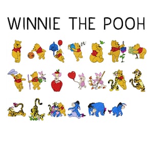May include: A selection of cartoon illustrations featuring Winnie the Pooh and friends, such as Piglet, Tigger, and Eeyore. The words "WINNIE THE POOH" are written above the characters. The images are in a colourful, cartoon style.