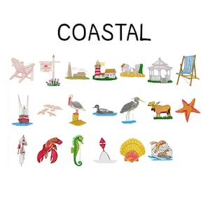 Op de afbeelding: Een verzameling geborduurde ontwerpen met kustthema's, waaronder een vuurtoren, een strandstoel, een kreeft en een zeester. Het woord "COASTAL" staat in zwarte blokletters boven de afbeeldingen. De ontwerpen zijn in verschillende kleuren.
