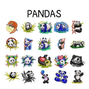 Op de afbeelding: Een verzameling panda-beren illustraties in verschillende stijlen. Het woord "PANDAS" wordt in grote, zwarte hoofdletters boven de illustraties weergegeven. De panda-illustraties bevatten panda's met bamboe, ballonnen en harten.