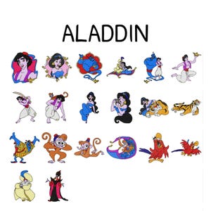 May include: A collection of colorful embroidered patches featuring characters from the Disney movie Aladdin. The patches include Aladdin, Jasmine, Genie, Abu, and other characters. The word "ALADDIN" is displayed in large, black letters at the top.