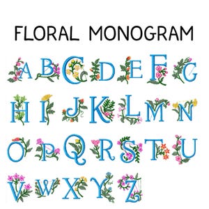 Op de afbeelding: Een verzameling blauwe bloemenmonogramletters, elk versierd met kleurrijke bloemen- en bladmotieven. De letters worden weergegeven op een witte achtergrond, met de woorden "FLORAL MONOGRAM" erboven in zwarte tekst.