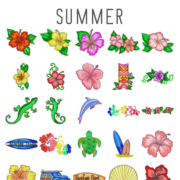 31 Tropische Sommer Stickdatei, Stickdatei Hibiskus Blume, Stickmuster, Surfboard Stickdatei, Tier Flamingo, Delfin Schildkröte