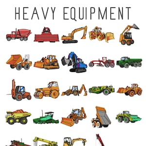 20 Heavy equipment machine embroidery designs, construction vehicles, dumptruck pattern, crane embroidery, forklift design, instant download