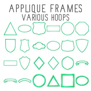 Könnte beinhalten: Ein Set mit 20 grünen Applikationsrahmen in verschiedenen Formen, darunter Kreise, Quadrate, Dreiecke, Sterne, Herzen und Schilde. Die Rahmen sind in einem kräftigen Grün umrandet und eignen sich perfekt, um jedem Projekt eine dekorative Note zu verleihen.