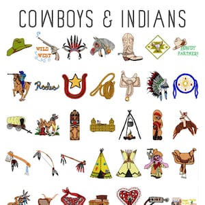 Op de afbeelding: Een verzameling kleurrijke geborduurde patches met cowboy- en indiaanse thema's. De patches bevatten afbeeldingen van paarden, zadels, laarzen, hoeden, tomahawks, tipi's en meer. De tekst "Wild West", "Rodeo", "Howdy Partner!" en "Wanted Dead or Alive" is opgenomen in de afbeelding.