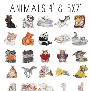 Op de afbeelding: Een verzameling van 28 geborduurde dierenontwerpen, perfect voor knutselprojecten. De ontwerpen omvatten een verscheidenheid aan dieren, zoals een kat, een hond, een konijn, een panda en meer. De ontwerpen zijn allemaal in een schattige en speelse stijl.