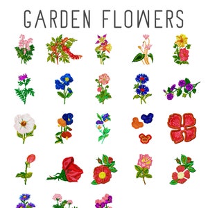 Op de afbeelding: Een verzameling van 25 geborduurde tuinbloemontwerpen. De bloemen zijn in verschillende kleuren, waaronder rood, roze, blauw, geel en wit. De ontwerpen zijn perfect voor borduurprojecten, zoals kruissteek, naaldpunt en machineborduurwerk.